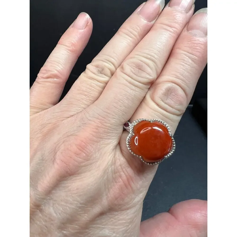 NEW cherry red jade and ruby blossom ring in rhodium over sterling silver size 6